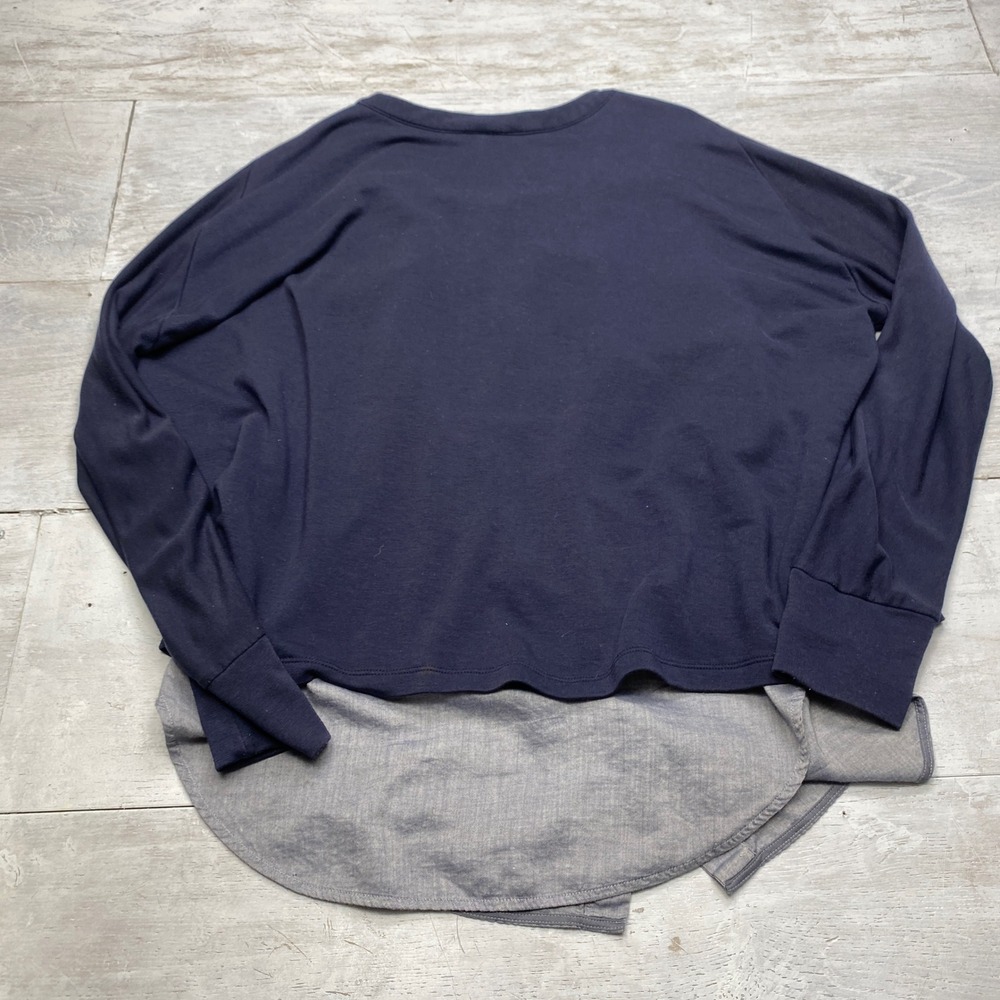 Vince Mixed Media Layered Top Womens S Navy Blue Long Sleeve Tencel Knit Blouse